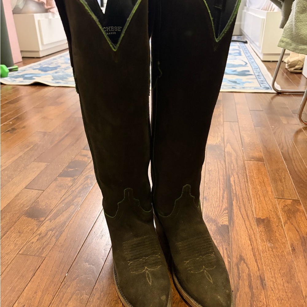 Lucchese Dark Brown Suede Edie boots with Green Stitching - Picture 3 of 11